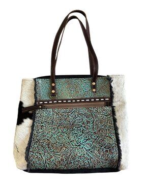 Myra Bag Western-Style Brown & Turquoise Embossed Leather Tote